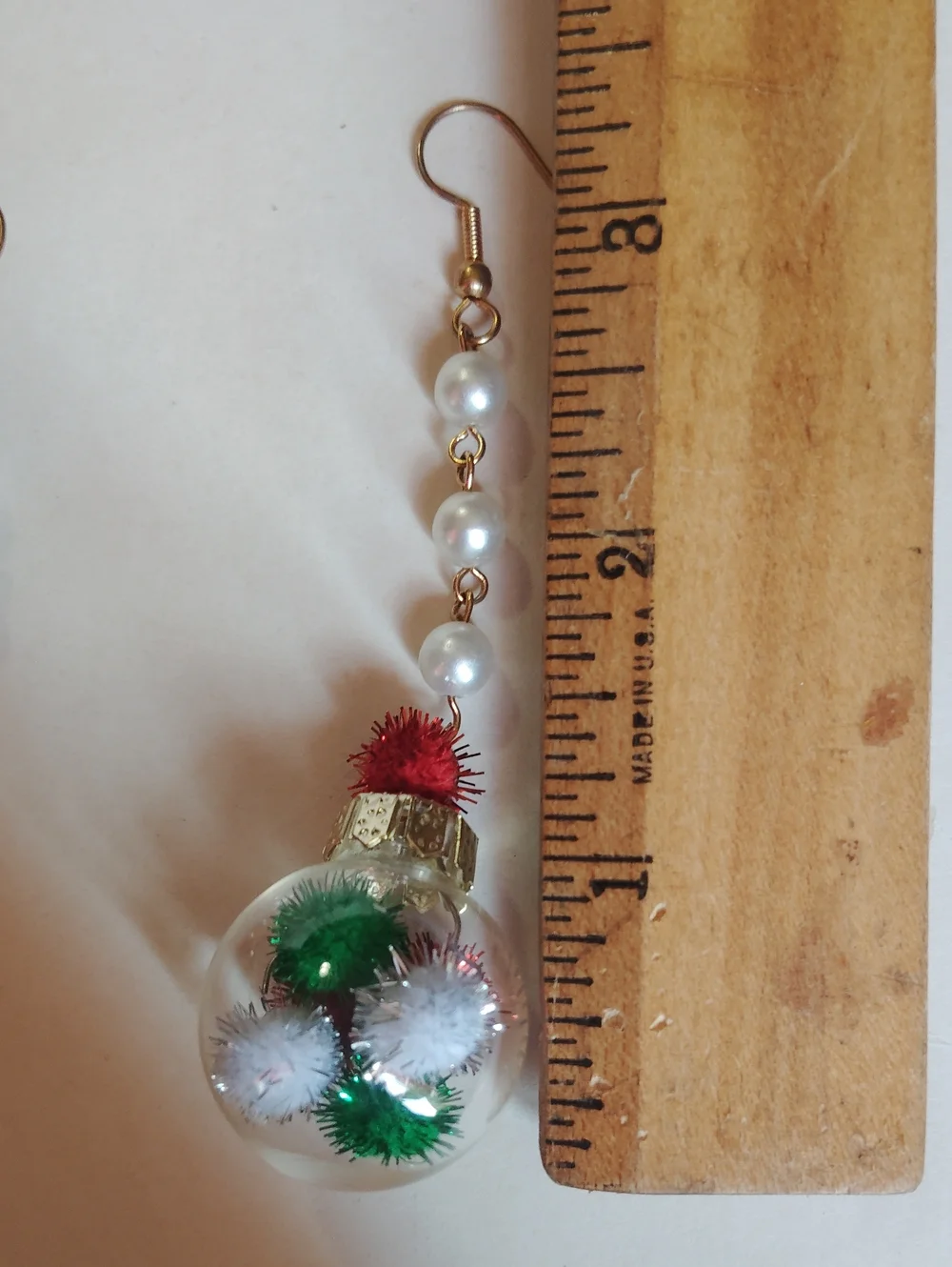 Handmade Pearl Drop Earrings with Red, Green & White Festive Balls Ornaments